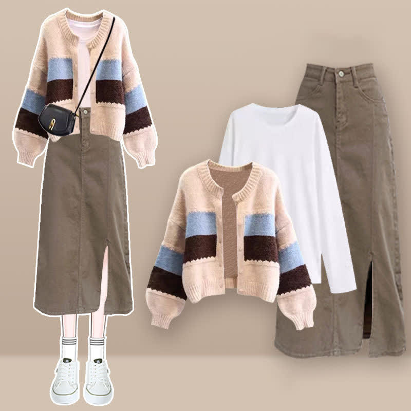 Colorblock Stripe Cardigan Sweater Shirt Denim Skirt modakawa