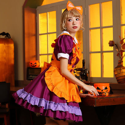 Cute Orange Bow Decor Puff Sleeve Maid Dress Modakawa