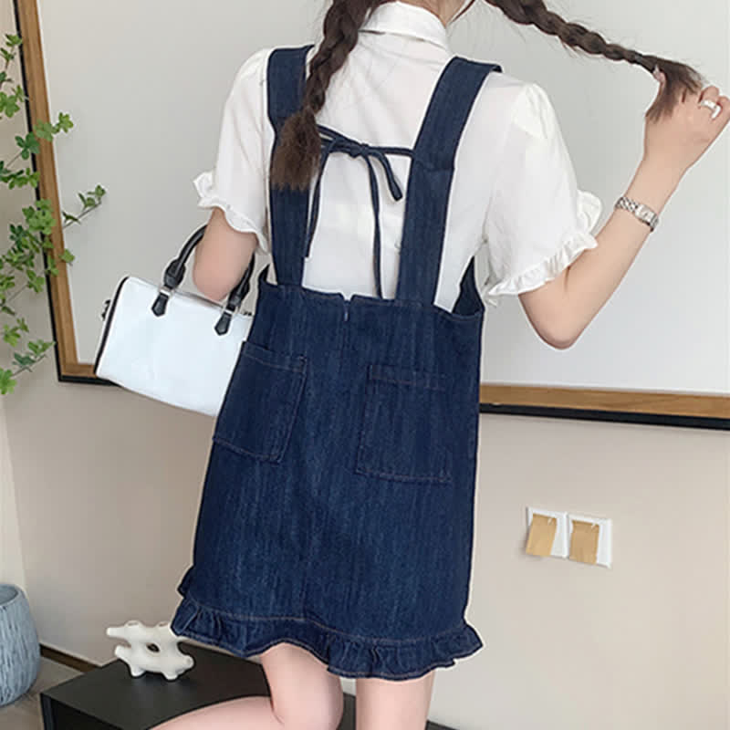 Pocket Lapel Tie T-Shirt Denim Overall Dress Set modakawa