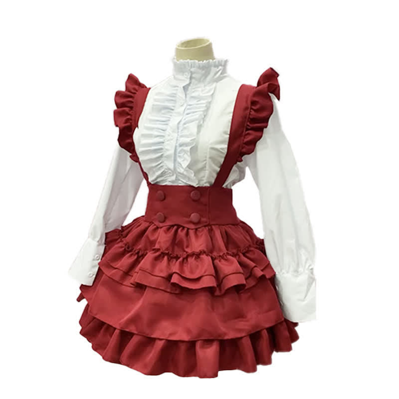 Lolita Red Button Ruffled Shirt Bubble Overalls Skirt Set Modakawa