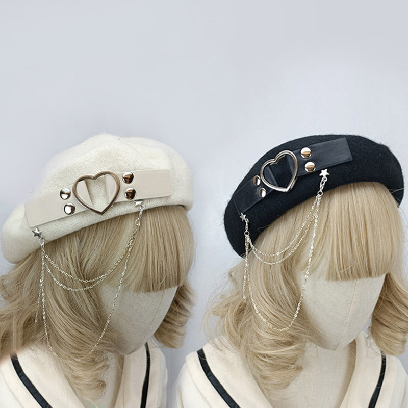 Y2K Love Heart Chain Lolita Beret modakawa