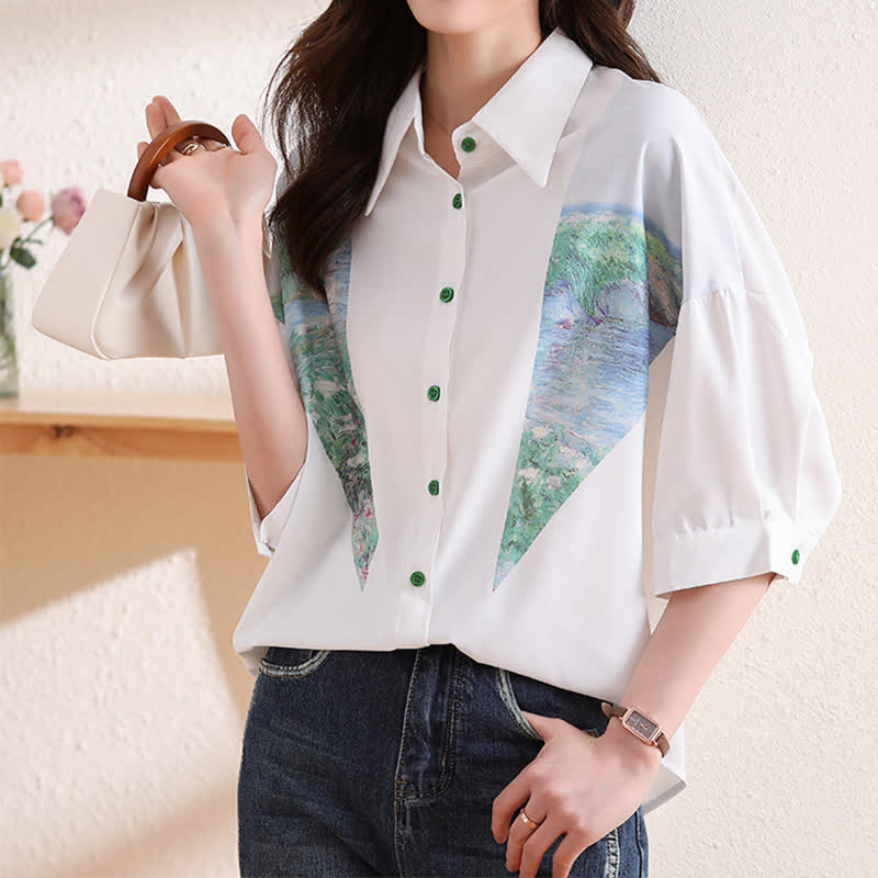 Chic Painting Print Chiffon Lapel Shirt modakawa