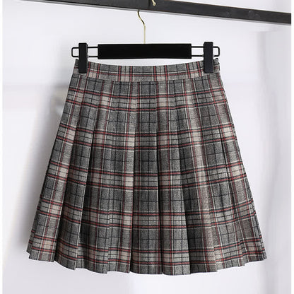 Elegant Doll Collar Knit Sweater Plaid Print Pleated Skirt modakawa