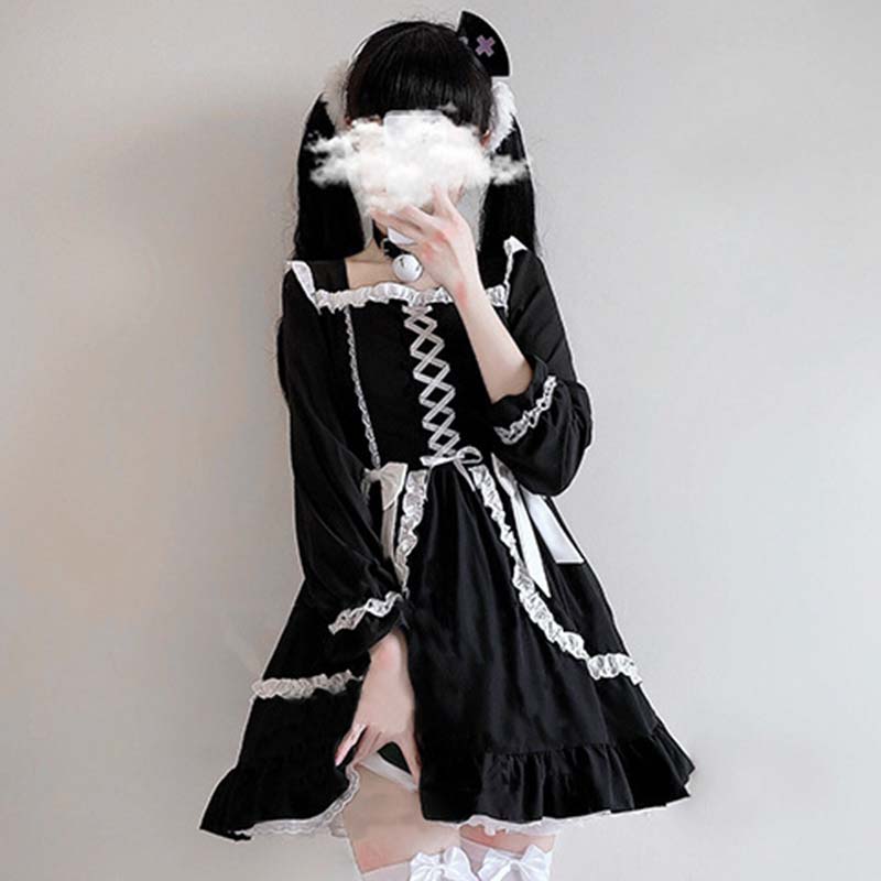 Black Lace Up Lolita Bow-Knot Maid Dress Modakawa