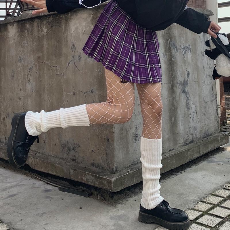 Purple Knitted Leg Warmers Socks with Net Modakawa