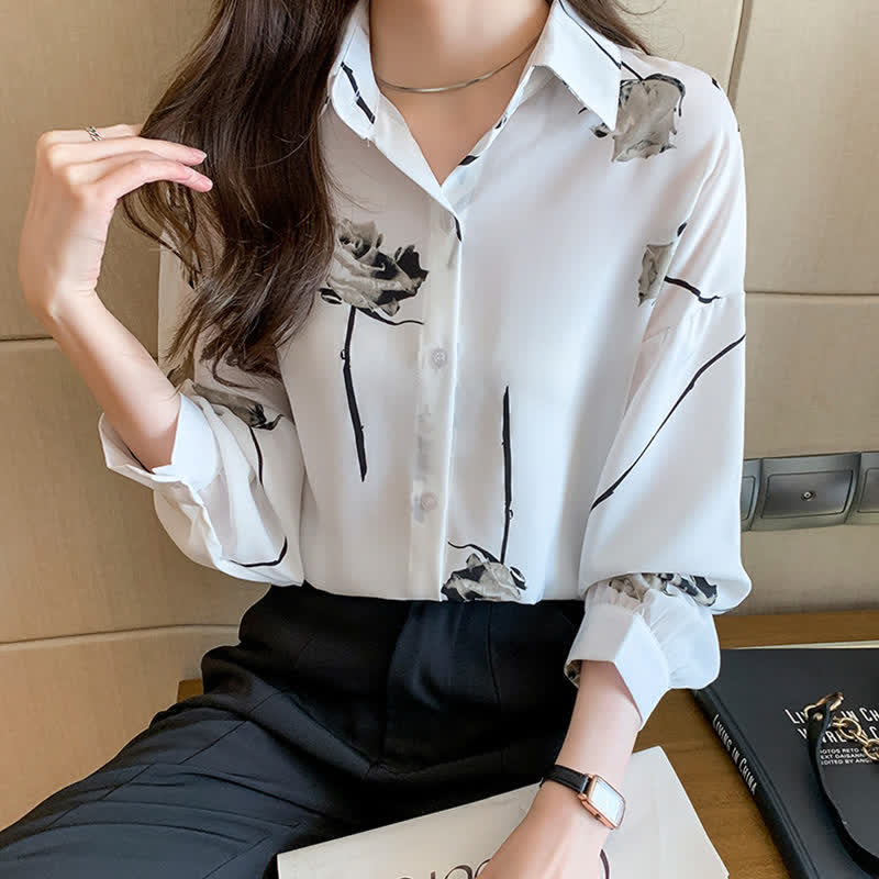 Rose Print Lapel Satin Shirt modakawa