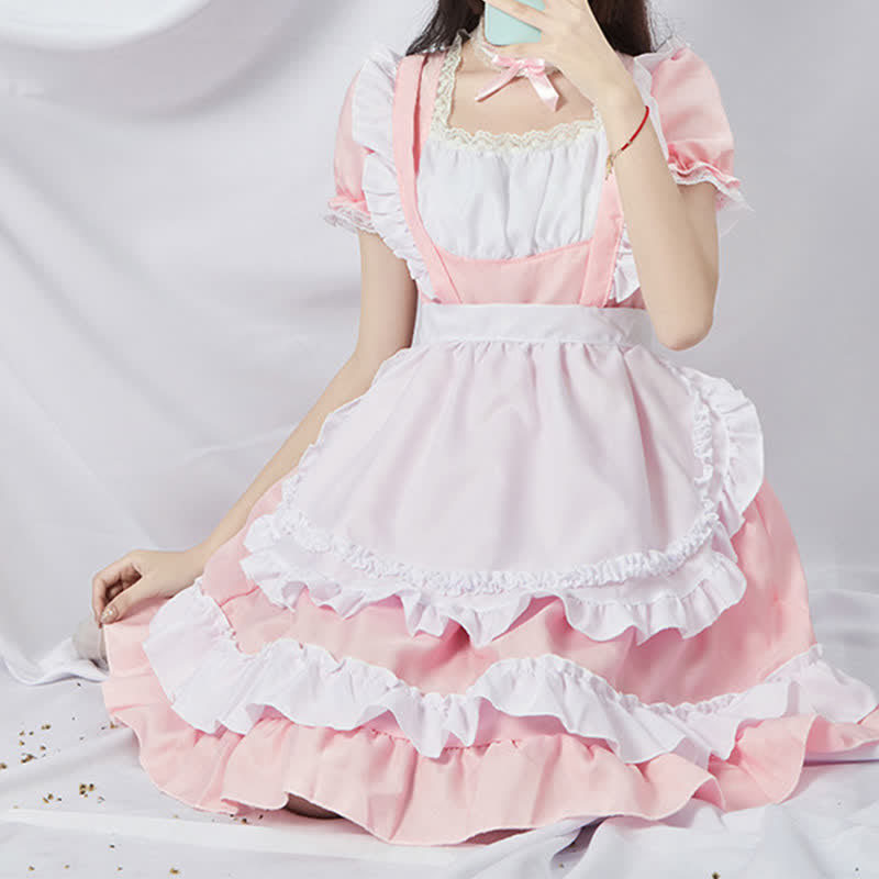 Sweet Cosplay Lace Ruffled Maid Lolita Dress Set Modakawa