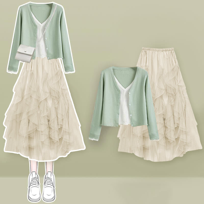 Colorblock Fake Shirt Tulle Tiered Skirt Set modakawa