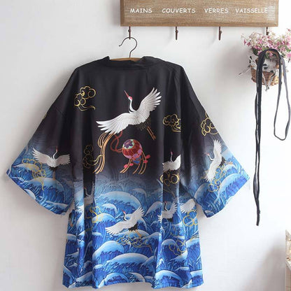 Crane Print Belted Kimono Outerwear Sun Protective Modakawa