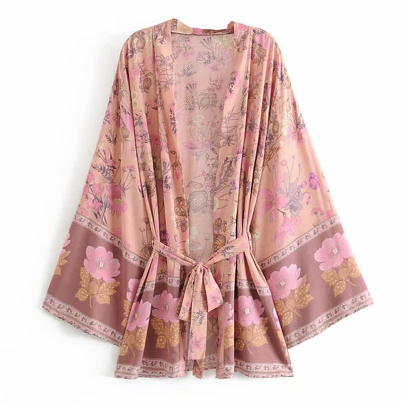 Boho Blossom Print Belt Cardigan Outerwear modakawa