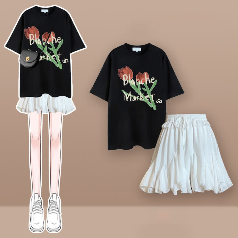 Tulip Cherry Blossom Print T-Shirt Pleated Skirt Set modakawa