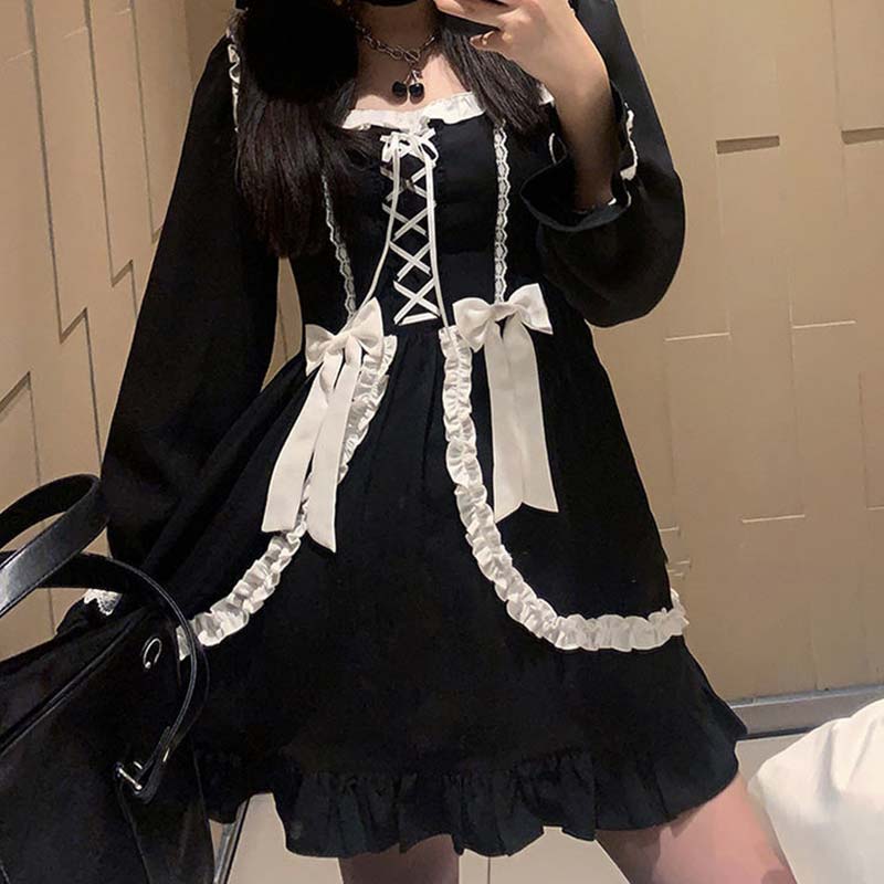 Black Lace Up Lolita Bow-Knot Maid Dress Modakawa