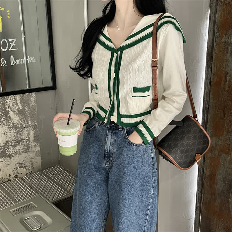 Sailor Collar Cable Sweater Casual Pants Pleated Skirt Set Modakawa