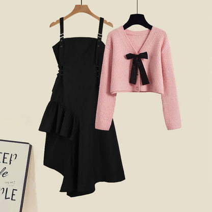 Pink Bow Knot Knit Cardigan Sweater Irregular Suspender Dress modakawa