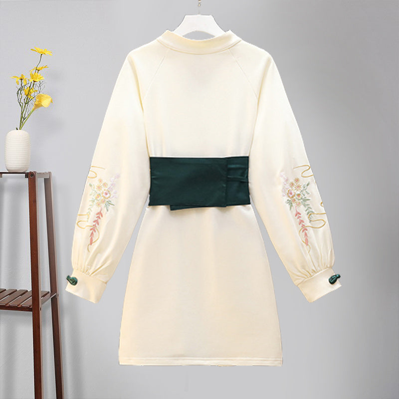 Vintage Crane Embroidery Plush Sweatshirt Dress modakawa