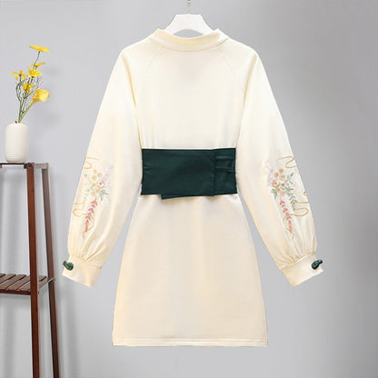 Vintage Crane Embroidery Plush Sweatshirt Dress modakawa