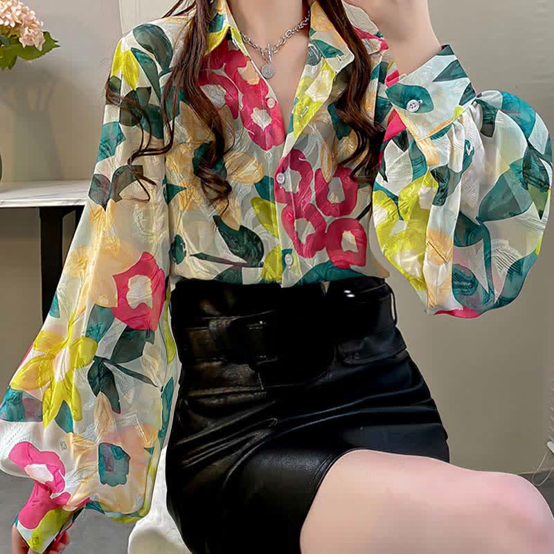 Color Floral Print Puff Sleeve Lapel Shirt Workwear modakawa