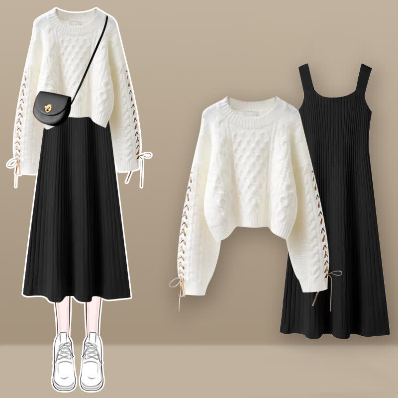 Sweet Cable Sweater Knit Slip Dress Set modakawa