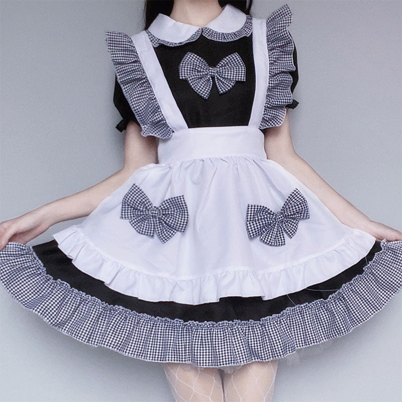 Kawaii Plaid Bow Tie Lolita Maid Ruffle Costume Dress Modakawa