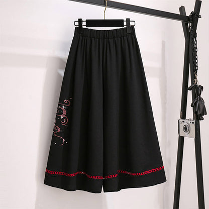 Black Sakura Fox Print Lace Up T-Shirt Wide Leg Pants Modakawa