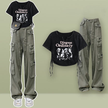 Casual Letter Print Drawstring Crop Top T-Shirt Pocketed Cargo Pants modakawa