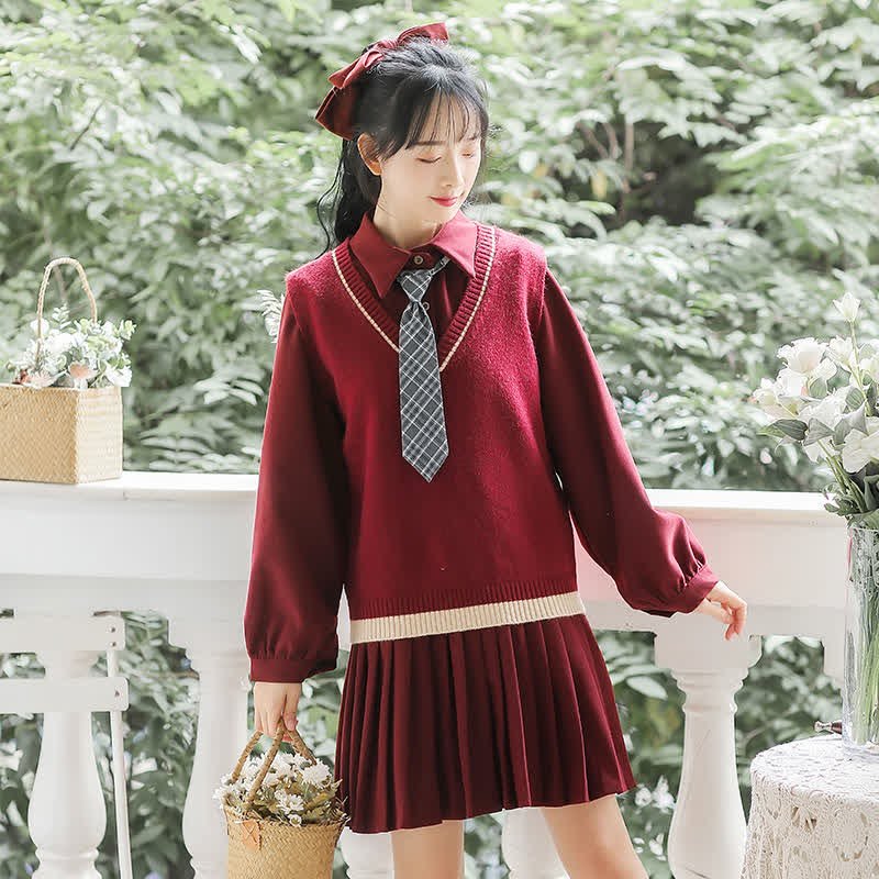 Preppy style Knit Vest Lapel Tie Pleated Shirt Dress Set modakawa