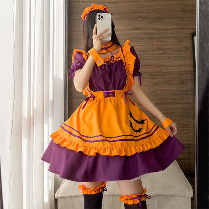 Cute Bat Embroidery Lace Up Ruffled Maid Dress Modakawa