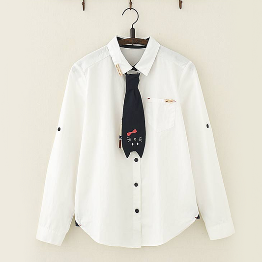 Cute Cat Tie Wooden Buckle Shirt Modakawa