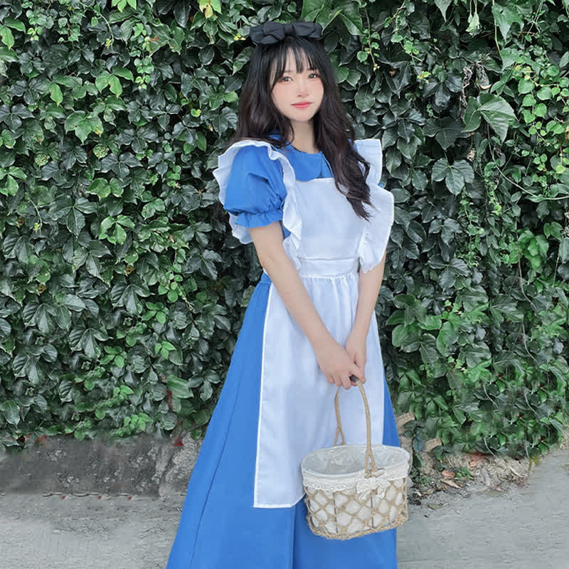 Lolita Blue Lapel Ruffled Maid Long Dress Modakawa