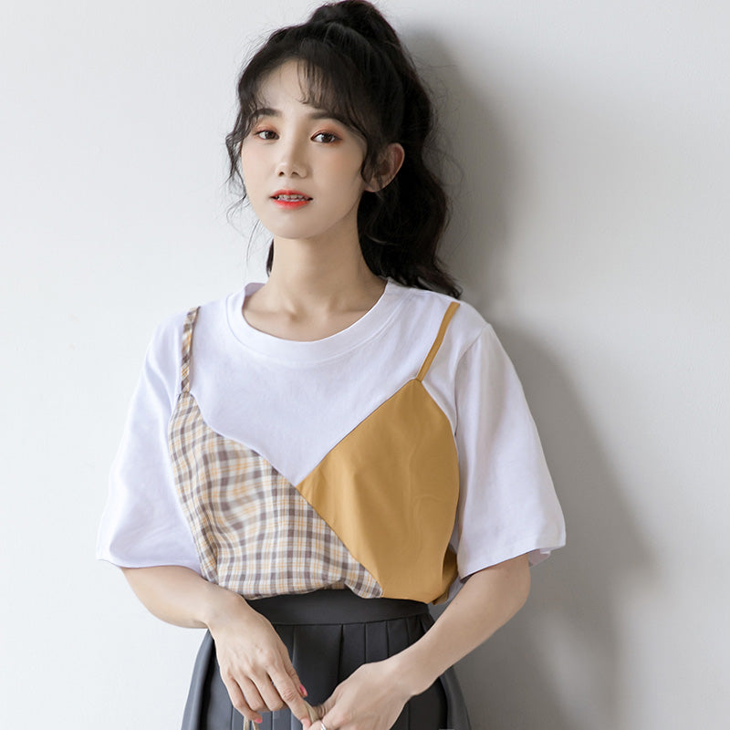 Sweet Plaid Color Block Fake Two Piece T-Shirt modakawa