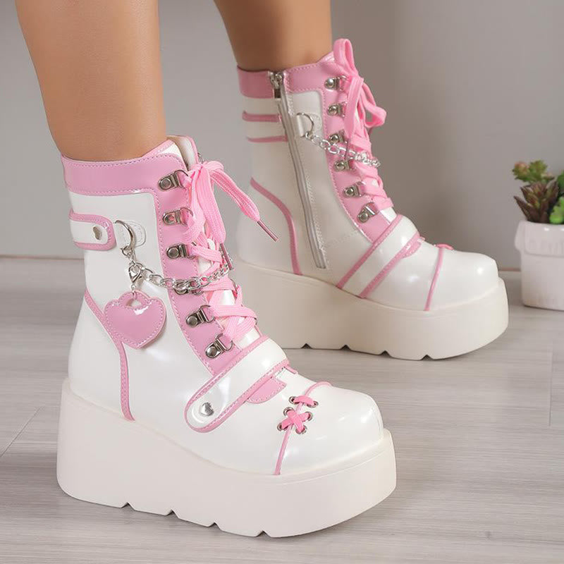 Y2K Heart Decor Lace Up Platform Lolita Martin Boots modakawa