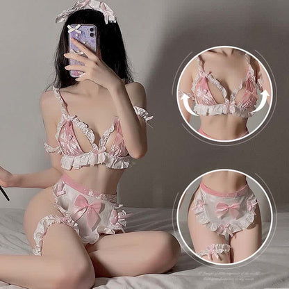 Pink Maid Bow Knot Lace Hollow Out Bikini Lingerie Modakawa