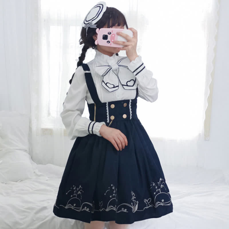 Sailor Collar Shirt Cartoon Dolphin Print Suspender Skirt modakawa