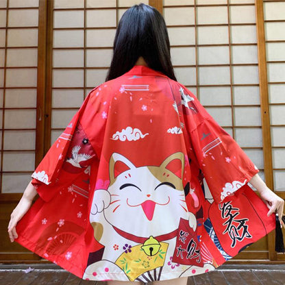 Red Anime Lucky Cat Cardigan Kimono Outerwear modakawa