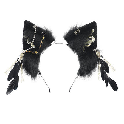 Black Snake Feather Wolf Ears Furry with Chain Headband modakawa