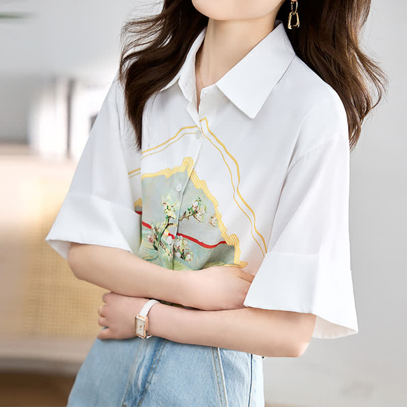 Painting Print Short Sleeve Chiffon Lapel Shirt modakawa