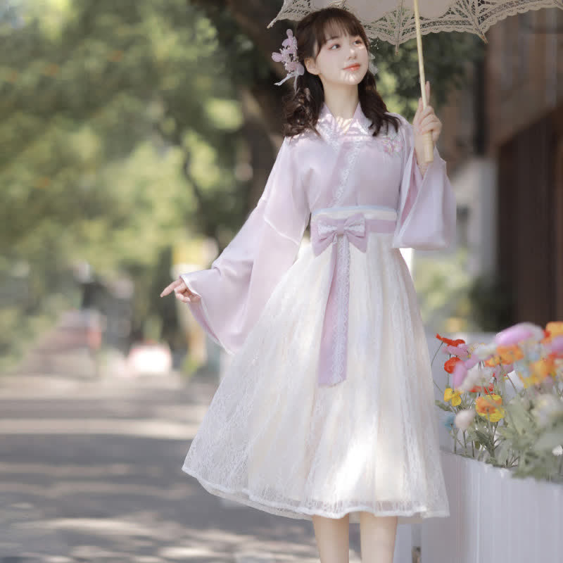 Sweet Floral Embroidery V-neck Bow Decor Dress modakawa