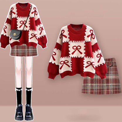 Bow Knot Print Sweater Plaid Pleated Skirt Set modakawa