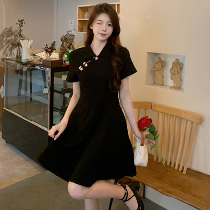 Elegant Black Lapel A-line Cheongsam Dress modakawa