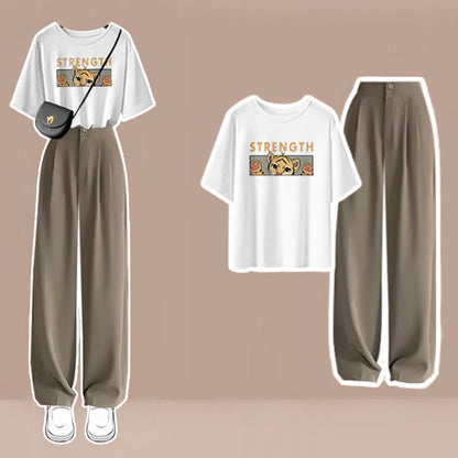 Cartoon Print T-Shirt High Waist Wide Leg Pants modakawa