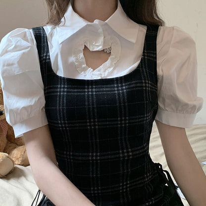 Love Heart Hollow Out T-Shirt Lace Up Plaid Dress Set Modakawa