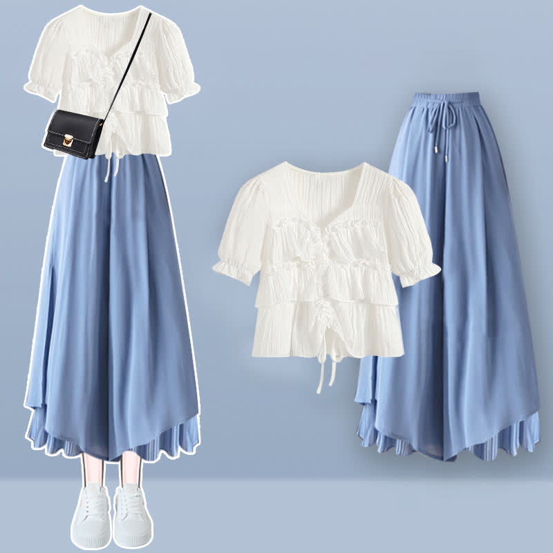 Sqaure Collar Puff T-Shirt Split Pantskirt modakawa