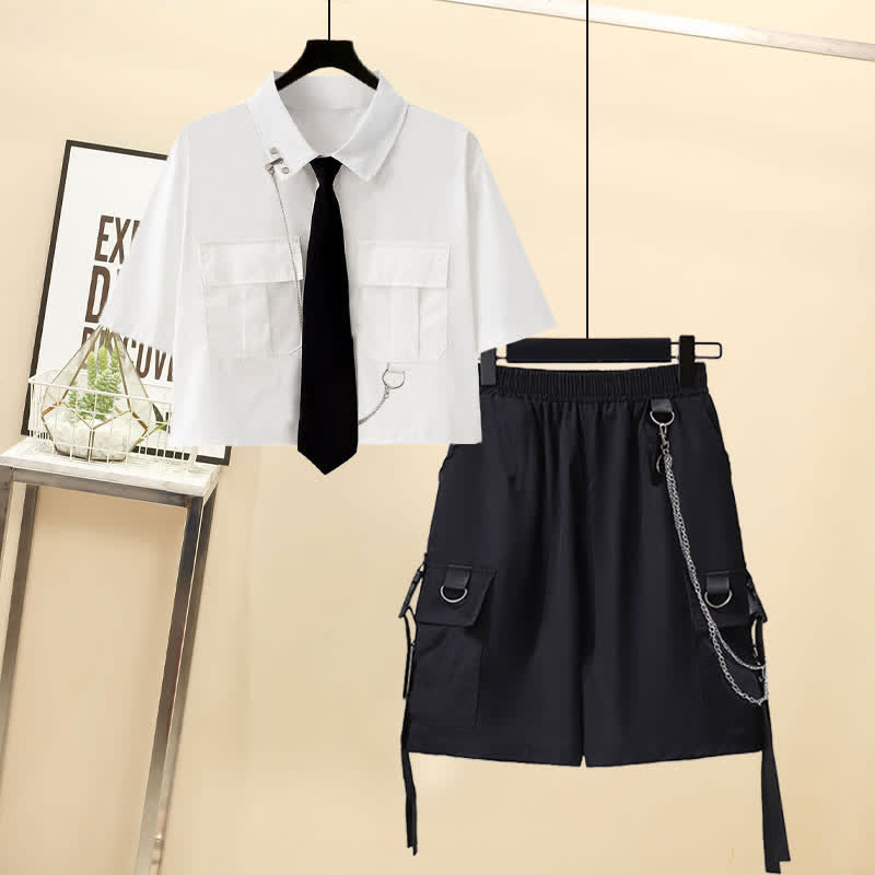 Chic Pocket Lapel Tie T-Shirt Casual Chain Cargo Shorts Pants modakawa