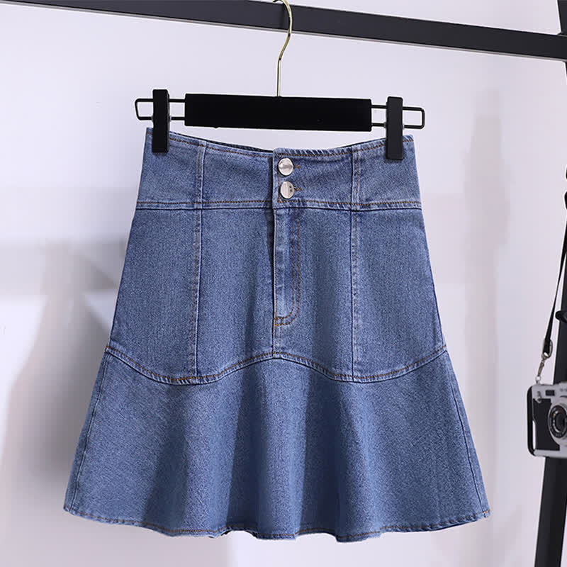 Blue Stripe Knitted T-Shirt High Waist Denim Skirt modakawa