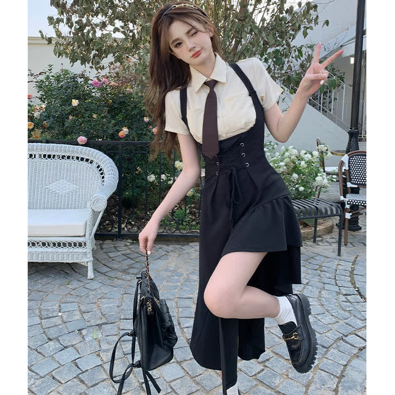 Chic Pocketed Tie Polo T-Shirt Irregular Lace Up Suspender Dress modakawa