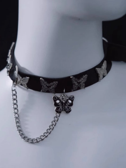 Skull Butterfly Pendant Black Choker with Chain mySite