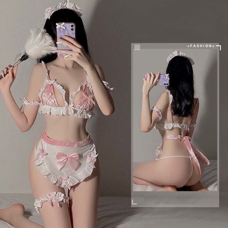 Pink Maid Bow Knot Lace Hollow Out Bikini Lingerie Modakawa