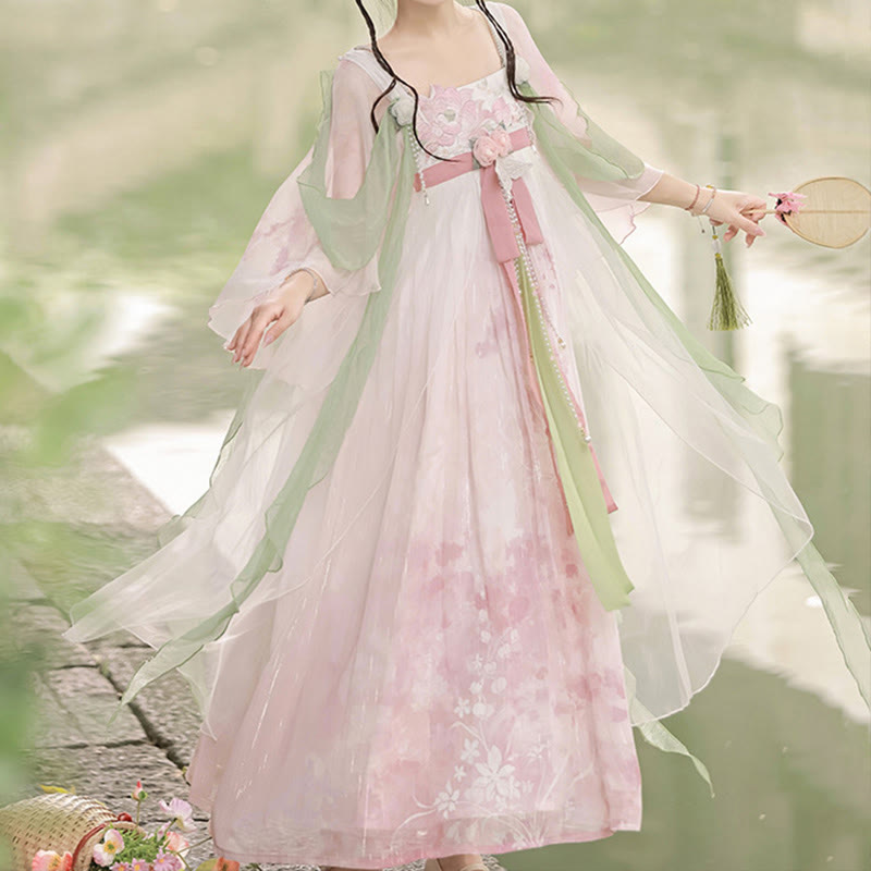 Sweet Floral Decor Mesh Dress Hanfu Costume modakawa