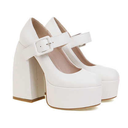 Pure Color Chunk High Heel Mary Janes Shoes modakawa