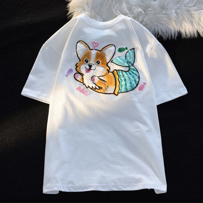 Cartoon Mermaid Puppy Plush Short Sleeve Casual T-shirt modakawa